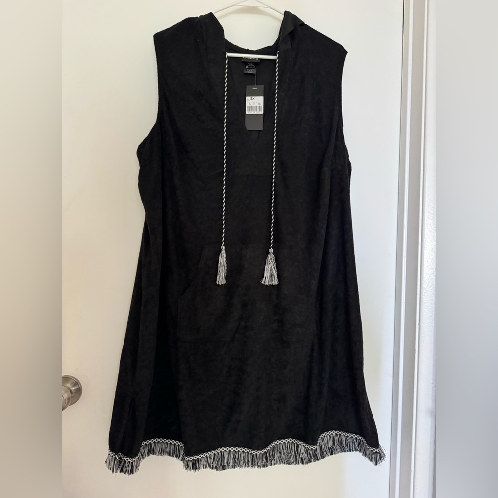 Black Sleeveless Hooded Towel Dress Very Soft with Tassel Details